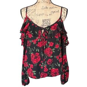 Disney Pixar Sz L CoCo Blouse Floral Cold Shoulder‎ Feminine Whimsigoth Sheer